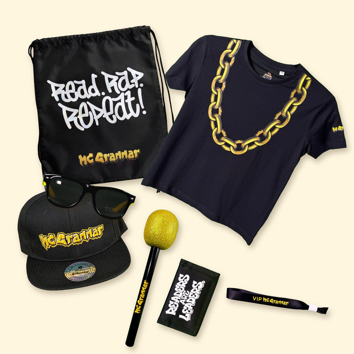All 7 items laid out together, with the Read. Rap. Repeat! bag