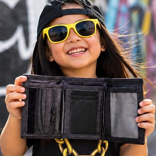 Girl smiling and holding the open wallet