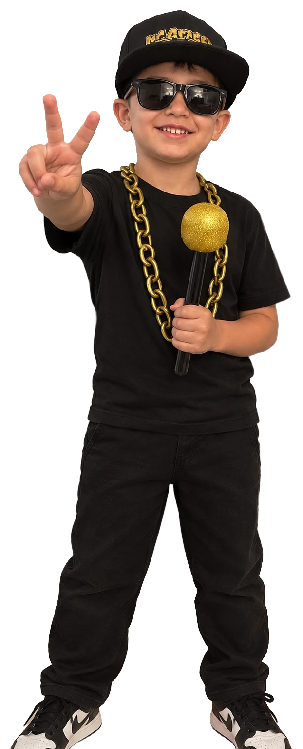 A young Grammar Gang member in the cap and shades, holding the gold mic and making a peace sign